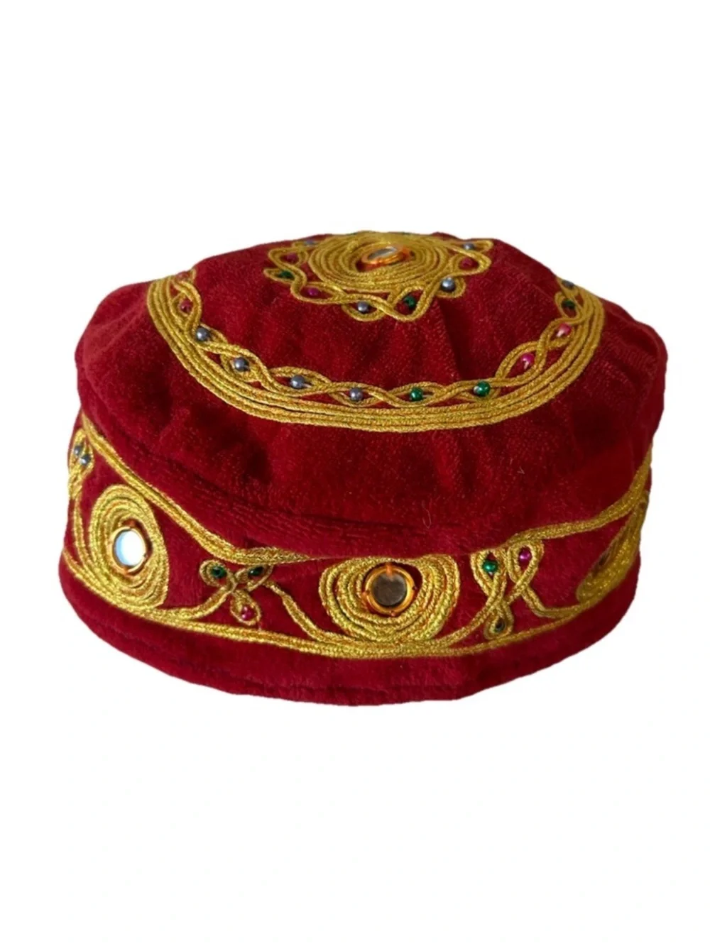 Vintage Turkish Velvet Fez Hat Gold Embroidered Jeweled Festival Cap - Picture 4 of 12